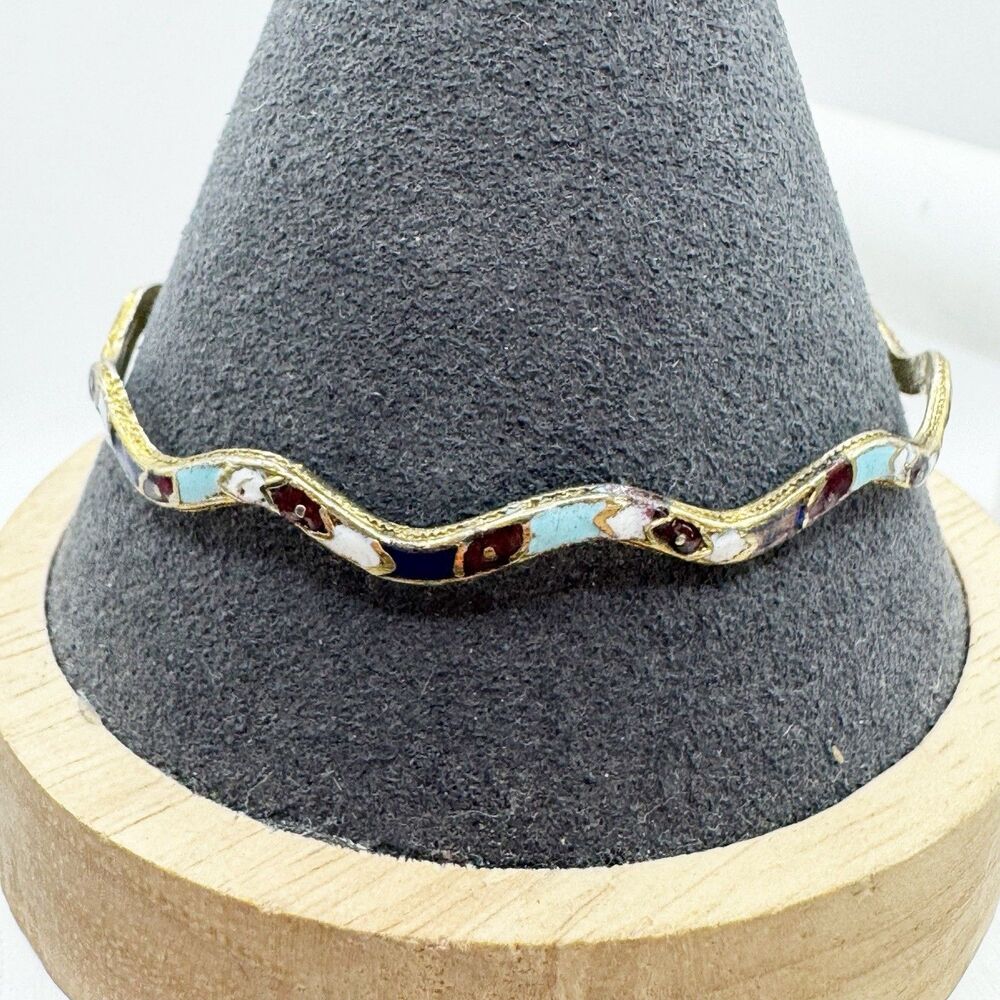 Vintage Enamel Bangle Bracelet Wavy Design Red Blue White Bohemian